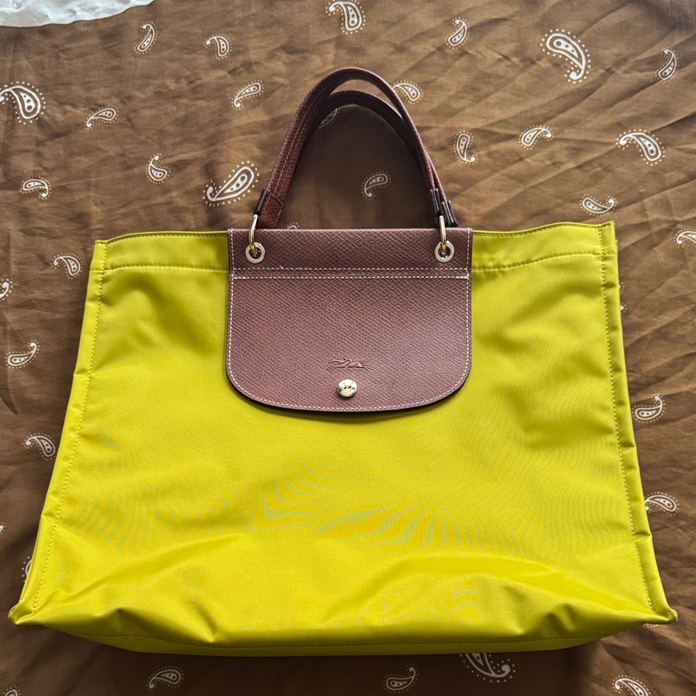 Longchamp Yellow Tote Bag with Brown Trim - Women's Everyday Carry
